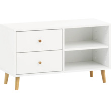 Weißes Sideboard mit zwei Schubladen und zwei offenen Regalen