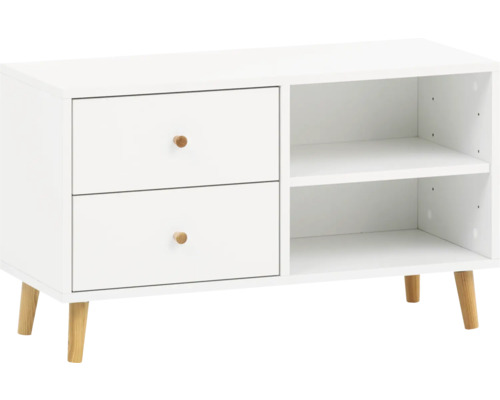 Weißes Sideboard mit zwei Schubladen und zwei offenen Regalen