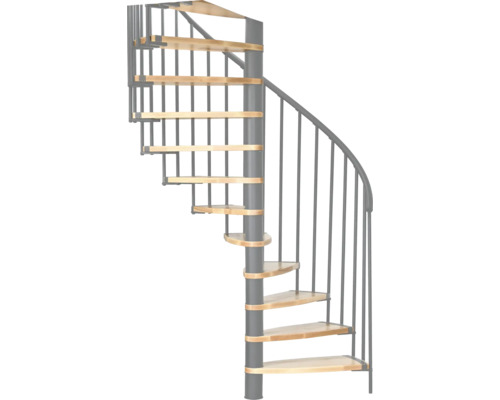 Spindeltreppe mit Holzstufen und Metallgeländer