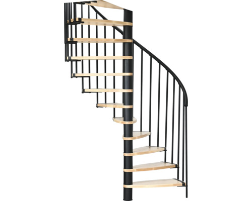 Wendeltreppe mit Holzstufen und Metallgeländer