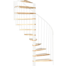 Wendeltreppe mit Holzstufen und weißem Geländer