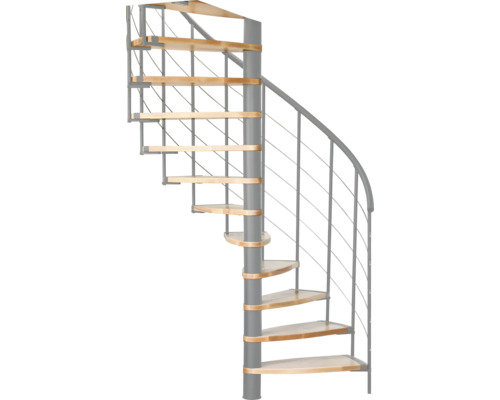 Wendeltreppe mit Holzstufen und Metallgeländer