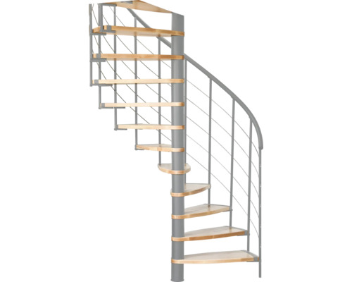 Spindeltreppe mit Holzstufen und Metallgeländer