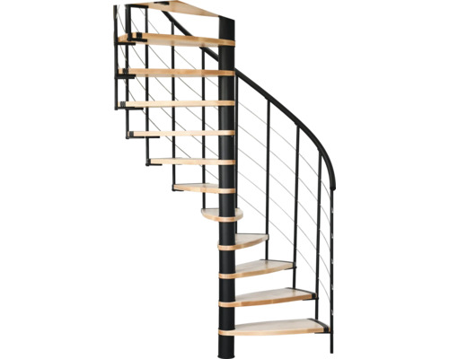 Spindeltreppe mit Holzstufen und Metallgeländer