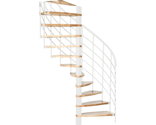 Wendeltreppe mit Holzstufen und weißem Geländer