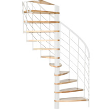 Wendeltreppe mit Holzstufen und weißem Geländer