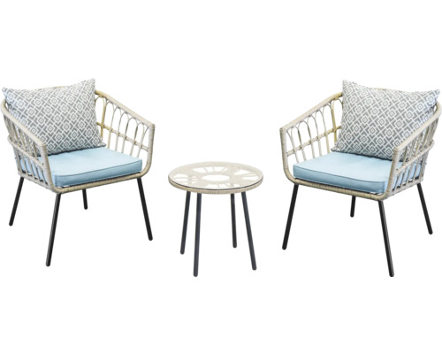 Gartenset mit zwei Korbsesseln, Sitzkissen, Rückenkissen und einem Tisch