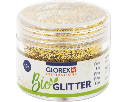 Goldener Bio Glitzer von Glorex in durchsichtiger Dose mit 10 Gramm Inhalt
