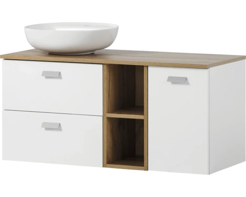 Waschtischunterschrank mit Aufsatzwaschbecken, Schubladen und Regalfächern