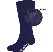 Blaue Socke mit Anti-Rutsch-Sohle und Detailaufnahme der Innenseite