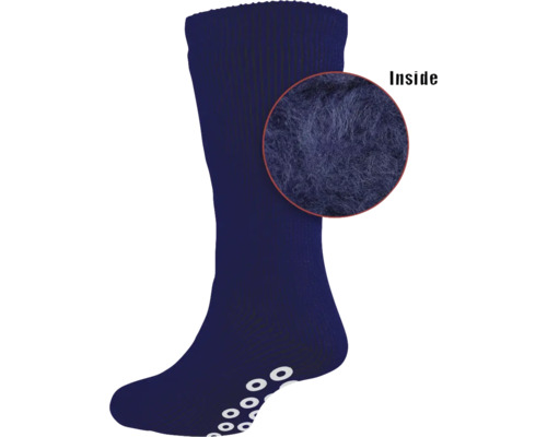 Blaue Socke mit Anti-Rutsch-Sohle und Detailaufnahme der Innenseite