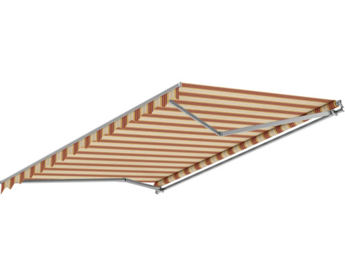 Gelenkarmmarkise 3,5x2,5 Stoffdessin 5996 (Sunset Stripes) Gestell RAL 9006 weißaluminium Handkurbel Rechts inkl. Handlurbel