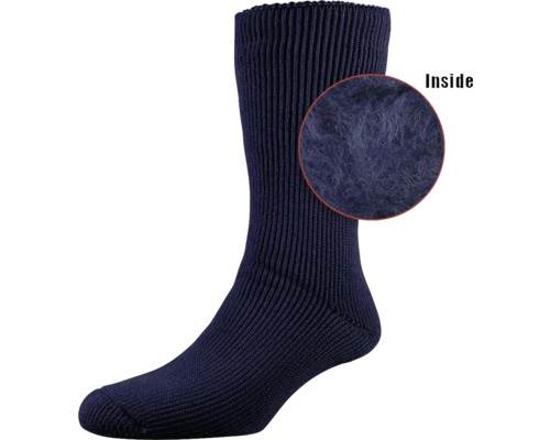 Blaue Socke mit Strickmuster und Innenansicht