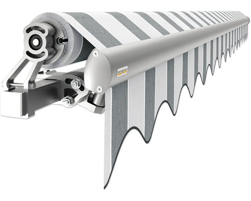 Markise mit grauen und weißen Streifen