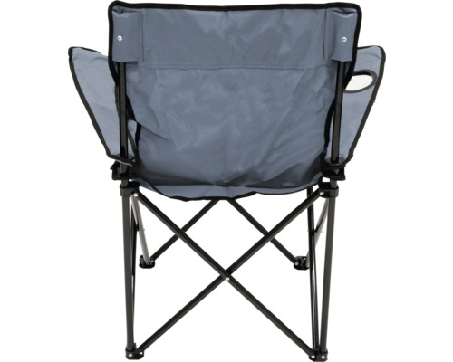 Grauer Campingstuhl mit Armlehnen und klappbarem Metallgestell