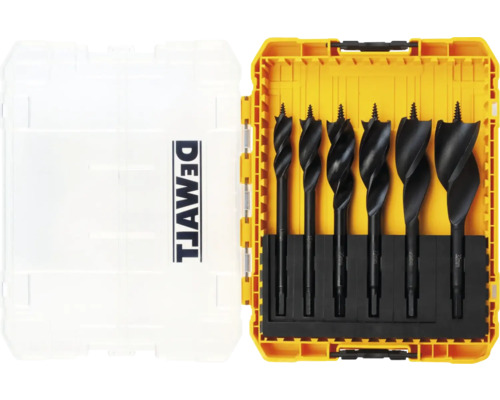 Dewalt Logo. Satz von Spatenbohrern in gelbem Gehäuse.