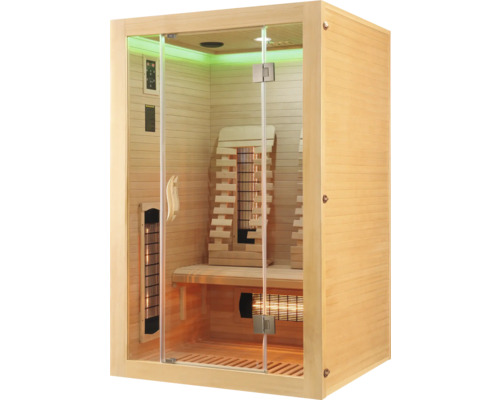 Sauna mit Glastür und Holzeinrichtung