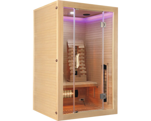 Holzsauna mit Glastür und Infrarotstrahler