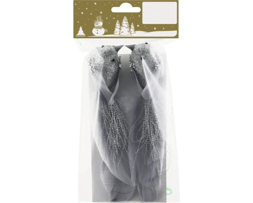 Weihnachtsdeko Vögel mit Clip silber Verpackung mit zwei Deko-Vögeln mit Federn und Glitzerapplikationen