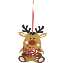 Dekorativer Elch zum Aufhängen mit Zuckerstange und Schal als Weihnachtsdekoration