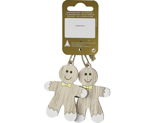 Weihnachtsbaumanhänger Lebkuchenmänner Holz 5 x 5 x 7 cm naturbelassen 2 Stück Zwei Lebkuchenmann-Anhänger aus Holz mit Schleife als Dekoration