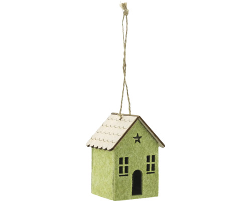 Dekoobjekt Haus aus Filz mit Holzdach 7,5 x 6 x 9 cm grün Dekoratives hängendes Haus aus Filz und Holz mit Sternausschnitt als Christbaumschmuck