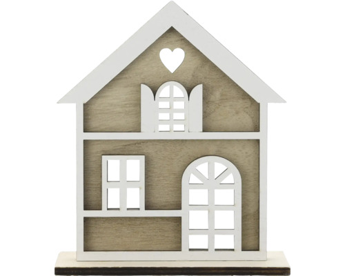 Aufsteller Haus aus Holz 12 x 4 x 14 cm weiß Dekorative Hausfigur aus Holz mit Fenstern und Herzdetail