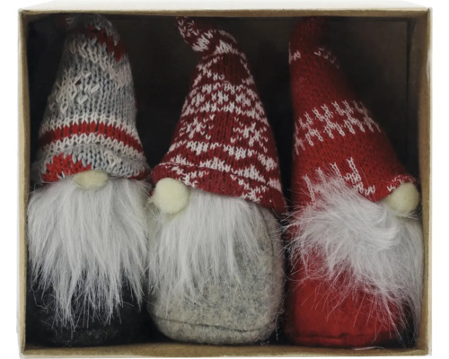 Weihnachtsbaumanhänger Wichtel Stoff H 10 cm 3 Stück Drei Zwerge mit Strickmützen und langen Bärten in einer Schachtel