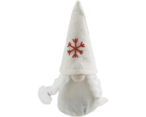 Weihnachtsdeko Wichtelfrau aus Filz weiß Dekofigur Weihnachtswichtel mit roter Schneeflocke auf Mütze
