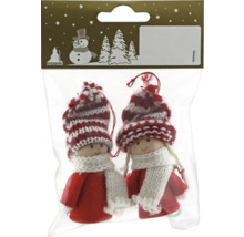 Verpackung mit zwei Weihnachtsbaum-Anhängern in Form von Figuren mit Mützen und Schals