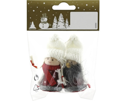 Weihnachtsbaumanhänger 2 Figuren aus Filz/Stoff 8 cm weiß Zwei dekorative Figuren in einer Verpackung mit weißen Mützen und Filzkleidung als Weihnachtsdekoration.