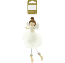 Weihnachtsengel mit Papierflügeln und Beinen mit Strümpfen als Dekoration