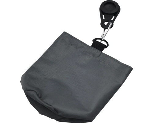 Grauer Futterbeutel mit Clip zur Befestigung.