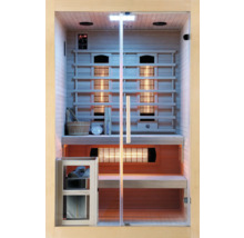 Innenansicht einer Sauna mit Holzeinrichtung, Infrarotstrahlern und Glasfront