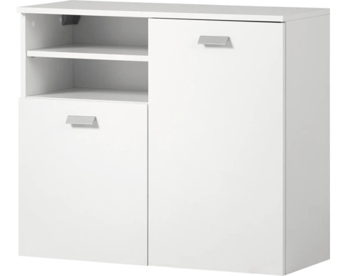Weißes Sideboard mit zwei Türen und zwei offenen Regalen