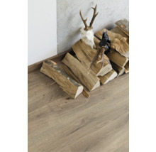 Stapelholz neben Laminatboden mit Geweih und Tierkopfdeko