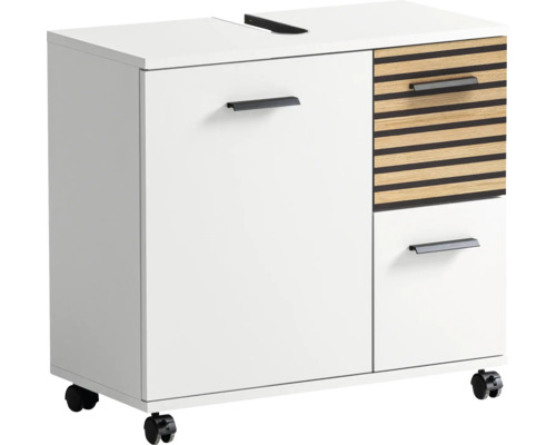 Waschtischunterschrank Möbelpartner Katta 65,1x60x32 cm holz-optik weiß matt Waschbeckenunterschrank mit Schubladen und Rollen