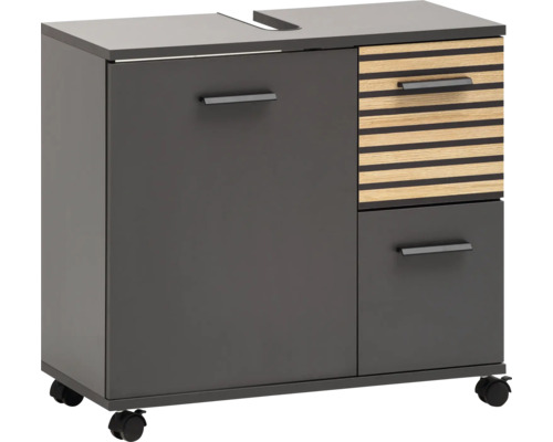 Waschtischunterschrank Möbelpartner Katta 65,1x60x32 cm anthrazit holz-optik Unterschrank mit Schubladen und Rollen für das Badezimmer