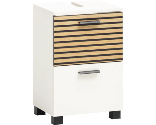 Waschtischunterschrank Möbelpartner Katta 40,2x60,8x35 cm holz-optik weiß matt Waschbeckenunterschrank mit zwei Schubladen und Füßen