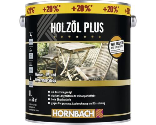 HORNBACH Holzöl Plus teak 3 L (20% Gratis!) lösemittelfrei Holzöl Plus Dose mit der Aufschrift Wasser, UV und Witterungsschutz sowie Hornbach Logo