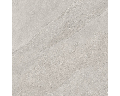 Nahaufnahme einer grauen Bodenfliese mit Steinoptik.