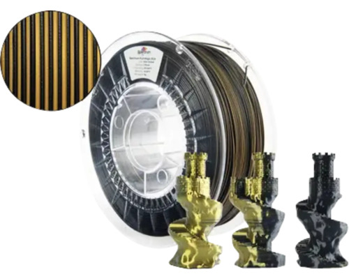 Filament PLA Premium Ø 1,75 mm schwarz gold 3D-Drucker Filament Rolle mit gedruckten Objekten