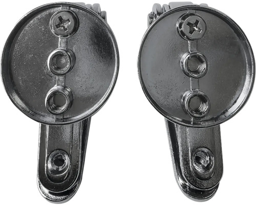 Zwei silberfarbene Möbelbänder zur Befestigung von Möbelteilen