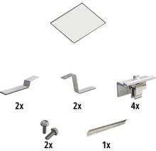 Komponenten für die Solarmodulmontage: Montageplatten, Winkelverbinder, Klemmen, Schrauben und Schienen.
