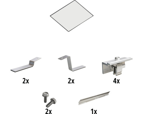 Komponenten für die Solarmodulmontage: Montageplatten, Winkelverbinder, Klemmen, Schrauben und Schienen.