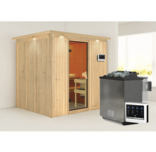 Sauna mit Saunaofen und digitalem Bedienfeld in einem hellen Raum