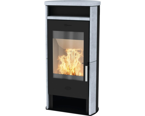 Kaminofen Fireplace Santa Fe Speckstein 2025 Stahl schwarz 6 kW mit Holzfach Kaminofen mit Glasfenster und Steinverkleidung
