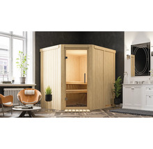 Ecksauna aus Holz mit Glastür in einem Badezimmer