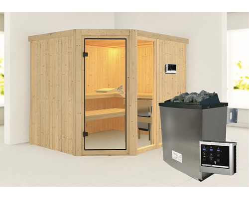 Elementsauna Karibu Siona 3 inkl. 9 kW Ofen u.ext.Steuerung ohne Dachkranz mit bronzierter Ganzglastüre