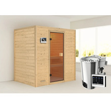 Sauna mit Holzverkleidung, Glastür und Saunaofen mit Steuerung